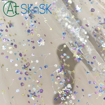 

1meter Fashion design 5 colors mesh lace applique cloth sequined fabrics wholesale DIY sewing wedding dress mesh lace fabrics