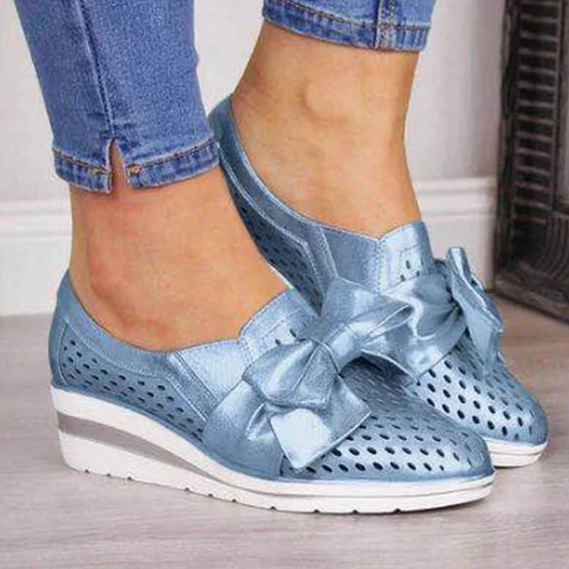 Autumn Women Shoes Wedges Hollow Out Breathable Pumps PU Bowtie Platform Fashion Ladies Slip On Casual Comfort Female Moccasins - Цвет: Blue