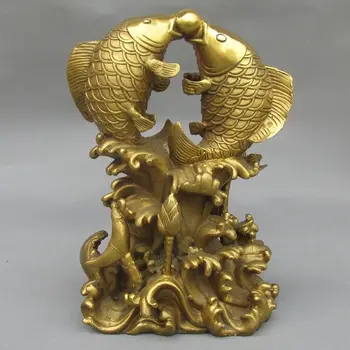 

Lucky Chinese Pure Brass Two Fish Play Ball On Auspicious Lotus Leaf Statue