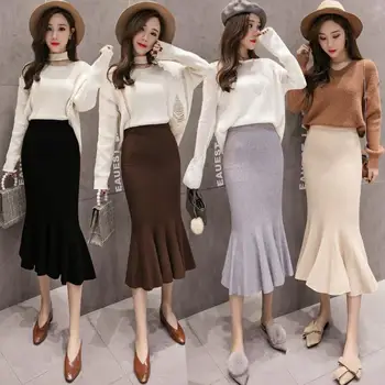 

2018 Women Slit Bodycon Elegant A Line Streetwear Skirt Autumn Winter Casual Knitted Skirt High Waist Skirts Women X17