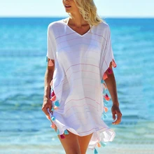 Женское пляжное платье с бахромой, повседневный свободный купальный костюм, бикини, Пляжная накидка, купальник, Пляжное короткое платье, пляжная одежда