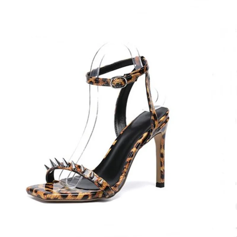 

Fashion Leopard Print Rivets Studded Woman Sandals Square Toe Thin High Heels Buckle Strap Pumps Woman Party Gladiator Shoes