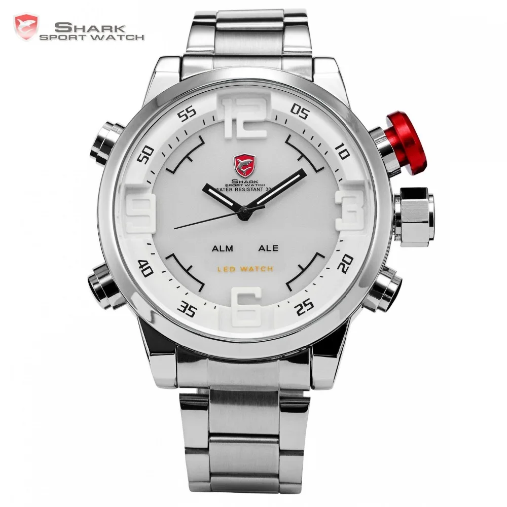 Gulper SHARK Sport Watch Stainless Full Steel Silver Japan Movement Dual Time Date Alarm Quartz Mens Digital Wristwatch / SH104