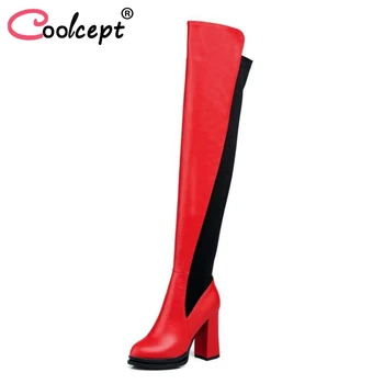 

Coolcept Sexy Women Thigh High Boots Mixed Color Warm Plush Fur Shoes Women Winter High Heel Boots Platform Shoes Size 34-39