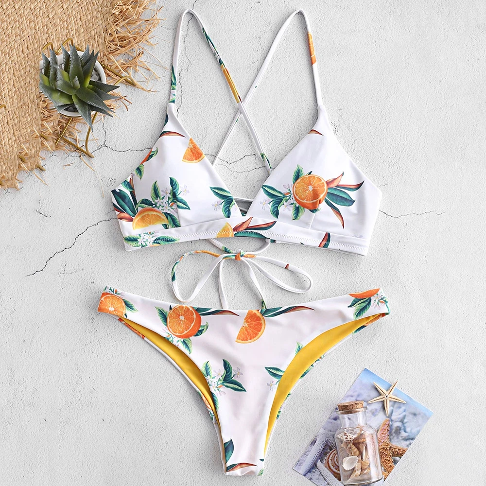 

2019 Female Orange Print Criss Cross Bikini Set Summer Beach Swimsuit Spaghetti Straps Bathing Suit Swim Wear Women Bikinis