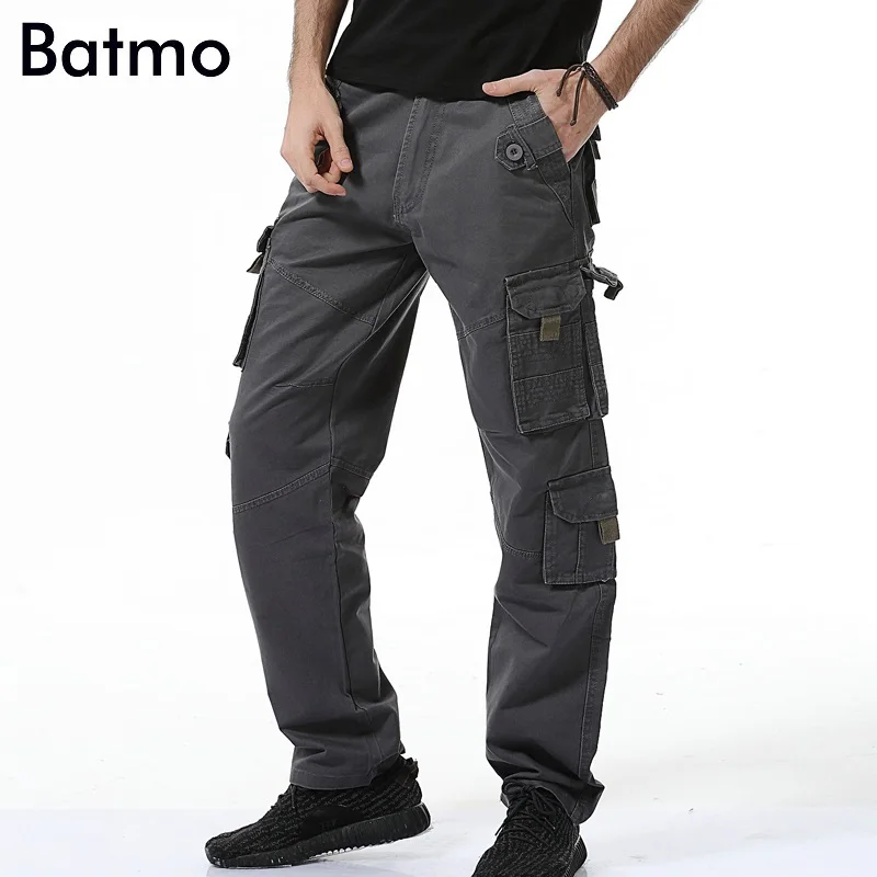 Batmo 2018 Новое поступление высокое качество хлопок Многие карманы серый Брюки-карго мужчин, мужские повседневные штаны 4 вида цветов Плюс