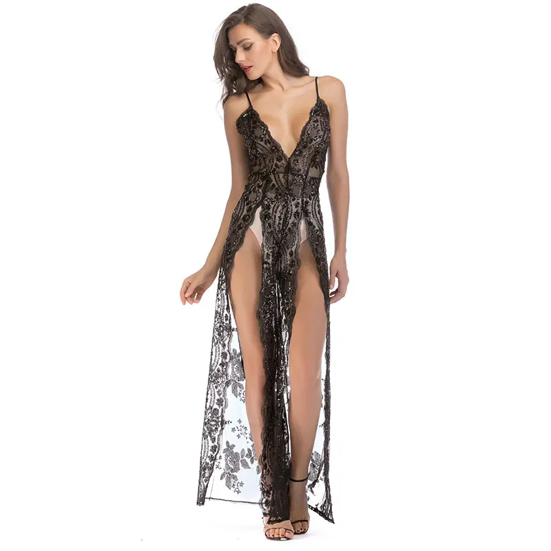 

Women Sexy Pool Party Dress Embroidery Long Sequins Dress Transparent Maxi Open Split Side Strap Club Dress Elegent Vestidos