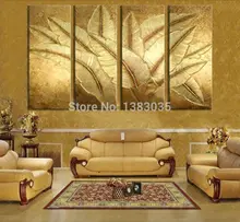 Hand Painted Gold Japanese Banana Leaf Oil Painting Modern Abstract 4 Piece Canvas Art Wall Decor