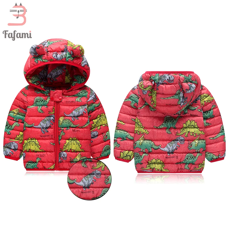 Новейшая зимняя куртка для малышей пуховик из хлопка для маленьких мальчиков и девочек, зимний комбинезон, теплая детская одежда с капюшоном легкое пальто с динозавром для детей