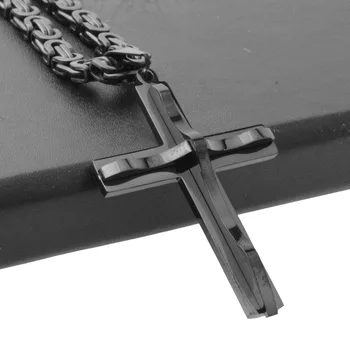 

Granny Chic Fashion Mens Jesus Cross Pendant Stainless Steel Charms Black Color 6mm Byzantine Chain Male Fashion Jewelry