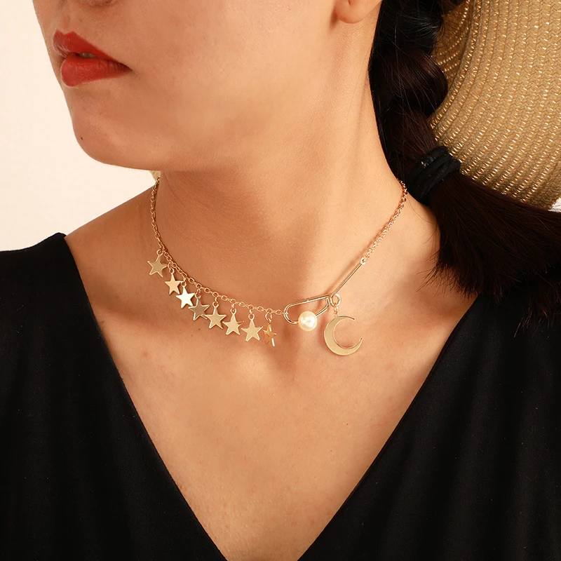 

docona Gold Star Moon Pearl Boho Choker Necklace Women Alloy Multi Layer Chain Adjustable Pendant Necklace Collares Jewelry 8162