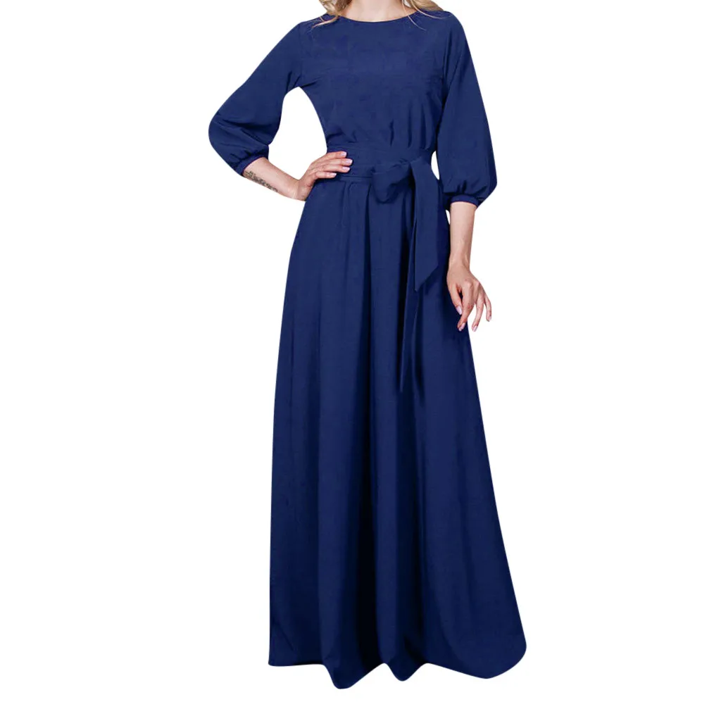 Новинка, одноцветные длинные платья с рукавом, осеннее платье, элегантное размера плюс, женское летнее Повседневное платье для вечеринки, фонарь с поясом Femme3Q - Цвет: Navy