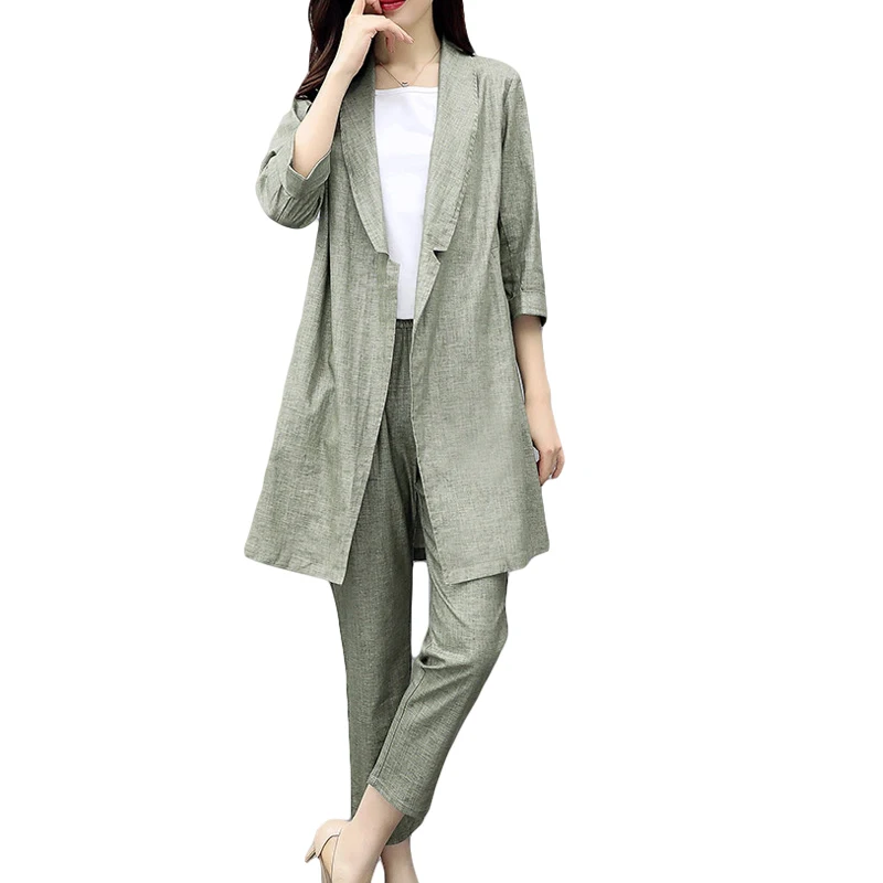 

2019 Office Uniform Designs Women Two Piece Set Pant Suits Cotton Linen Summer Blazer Feminino Trouser Suit Jacket Female CM2858