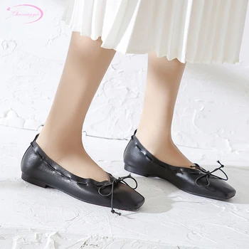 

Korean casual style comfortable square toe soft natural leather loafers fashion bowknot slip-on flat with women's shoes