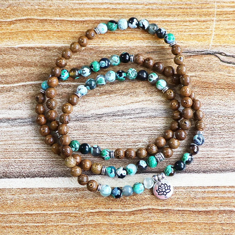 

Trendy Jewelry Wood Beads Green Onyx Wrap Bracelet 108 Mala Beads Yoga Bracelet or Lotus Charm Spiritual Necklace