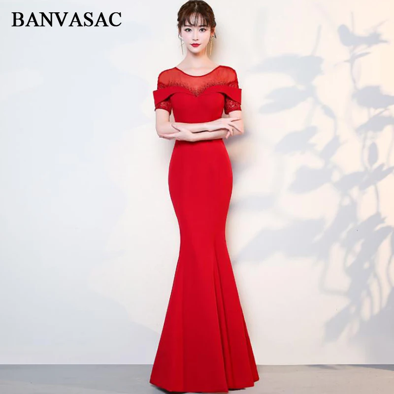 

BANVASAC 2018 O Neck Crystal Mermaid Long Evening Dresses Lace Short Embroidery Sleeve Backless Party Prom Gowns