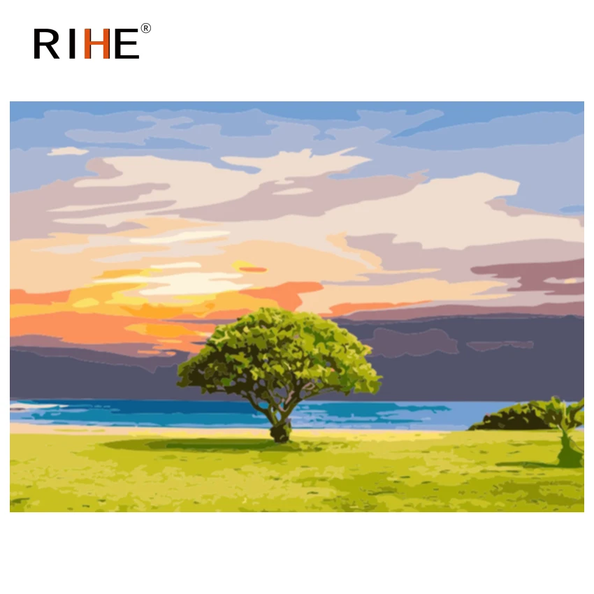 

RIHE Sunrise Grassland Diy Painting By Number Tree Oil Painting On Canvas Hand Painted Cuadros Decoracion Acrylic Paint Home Art