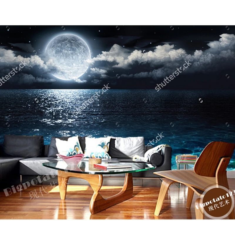 

Custom natural Textile Wallcoverings,Romantic scenery full moon at sea to night,3D fantasy for living room bedroom wall