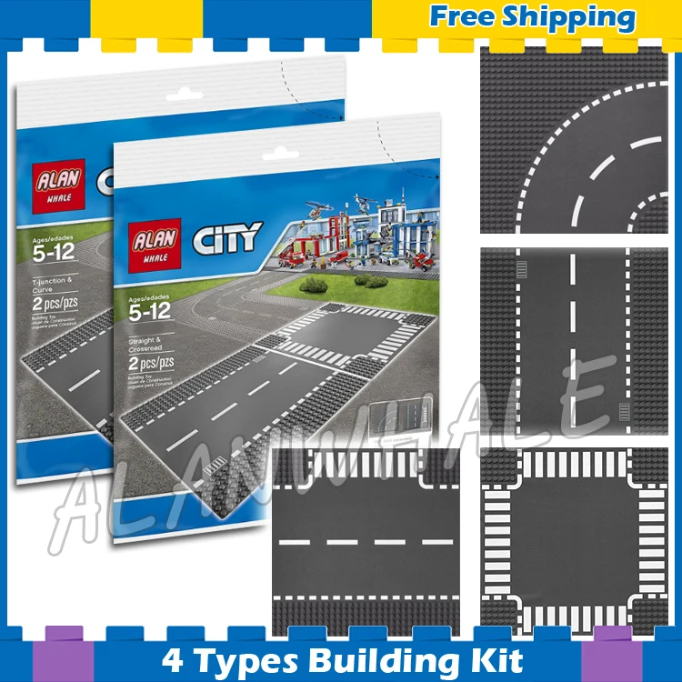 

4Types City Town Road Street Straight Crossroad T-Junction Curve Plate Model Building Gifts Sets Blocks Compatible with Lego
