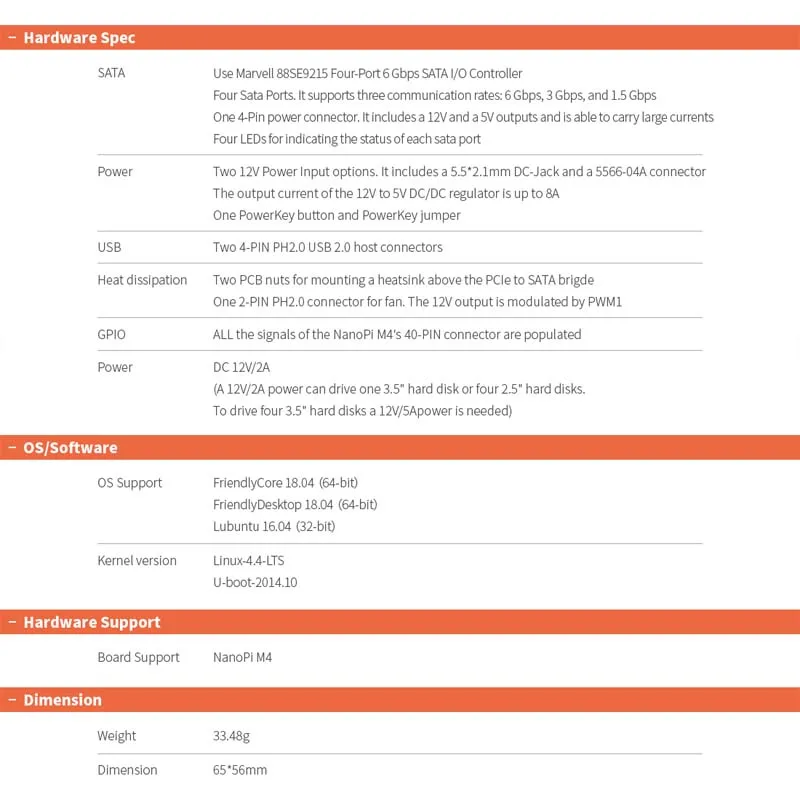 NanoPi M4 4x SATA HAT Поддержка 6 Гбит/с/3 Гбит/с/1,5 Гбит/с интегрированный разъем питания