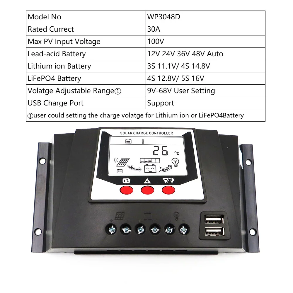 RP10 DC 12V 24V Авто за максимальной точкой мощности, Солнечный контроллер заряда 60/50/40/30/20/10A PWM регулятором солнечного солнечная батарея зарядное устройство для батареи Регуляторы PV с ЖК-дисплей - Цвет: 30A 12 24 36 48V