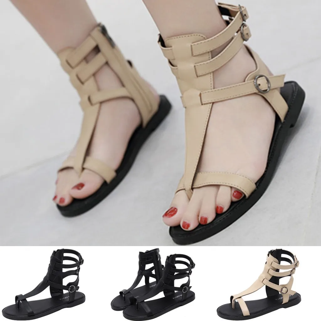 

Shoes woman 2019 Vintage Roman Sandals Flip-flop Flat sandals Solid Buckle Strap Shoes Summer Lady Sandal chaussures femme