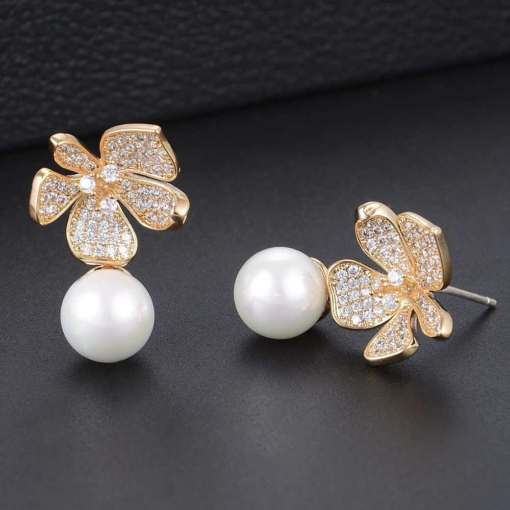 

21*14MM Popular Flower Big Pearl Pendant Full Cubic Zirconia Stud Earrings For Women Bridal Wedding Engagement Party Wear