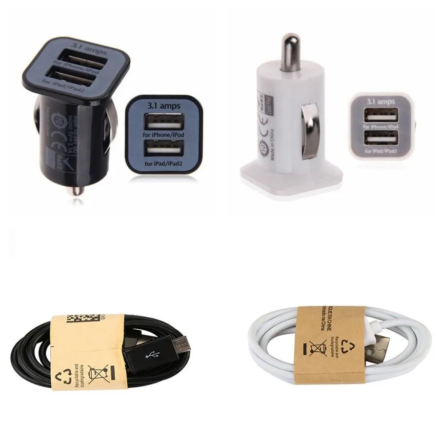 Двойной USB 2 порта DC Автомобильное зарядное устройство 3.1A адаптер с микро кабелем