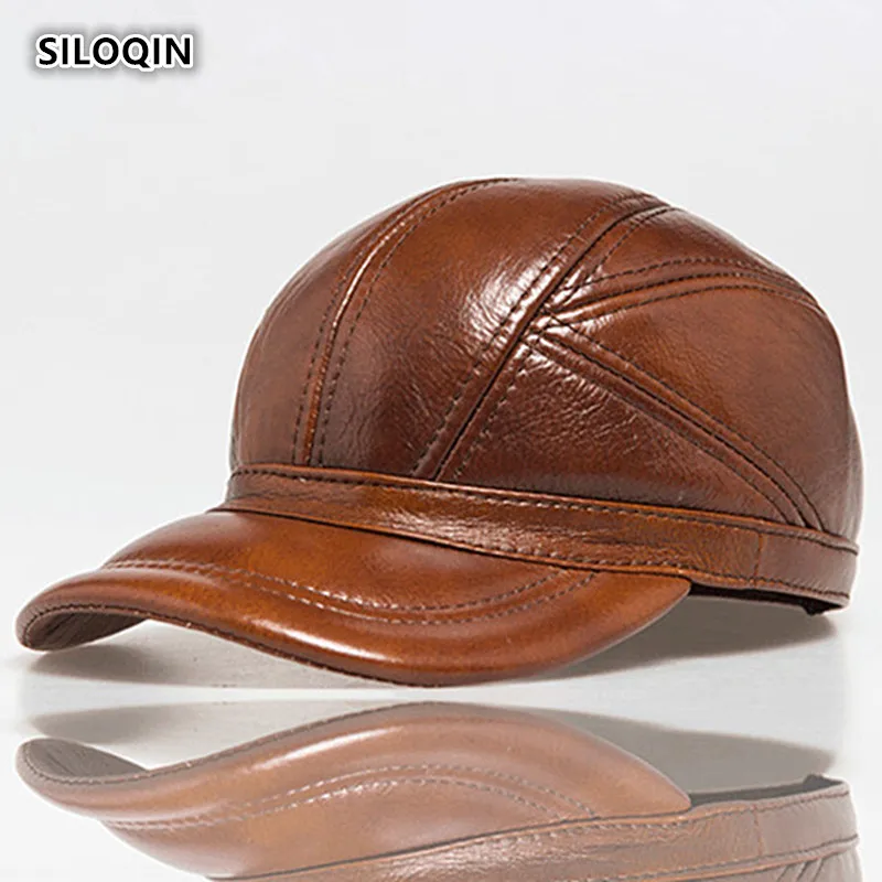 

SILOQIN Winter Genuine Leather Hats Middle Aged Elderly Men's Baseball Cap First Layer Cowhide Adjustable Male Bone Tongue Caps