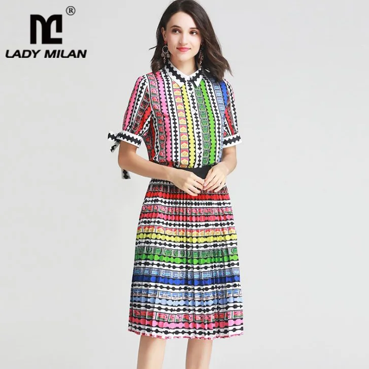 

Ladies' Runway Twinsets Turn Down Collar Short Sleeves Striped Shirts with Pleated Color Block Skirts Two Piece Dresses Sets
