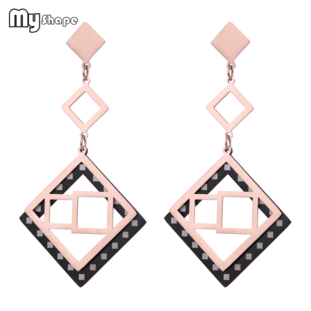 

My Shape Black Gold Multiple Squares Hollow Drop Earrings Stainless Steel Vintage Geometric Earrings Jewelry Women Gifts Brincos