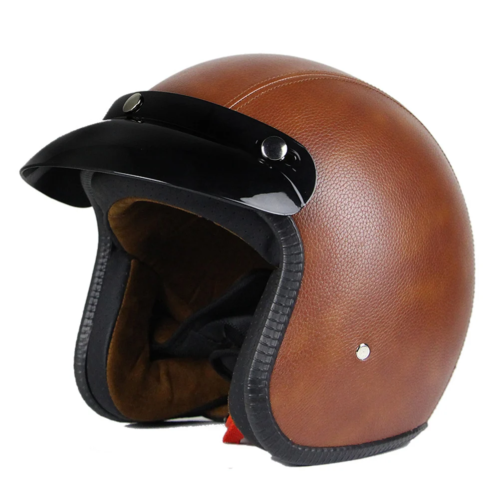 Мотоциклетный шлем Ретро Винтаж Синтетическая кожа Casco Moto Cruiser Chopper скутер Кафе Racer 3/4 открытый шлем - Цвет: Brown PU Leather