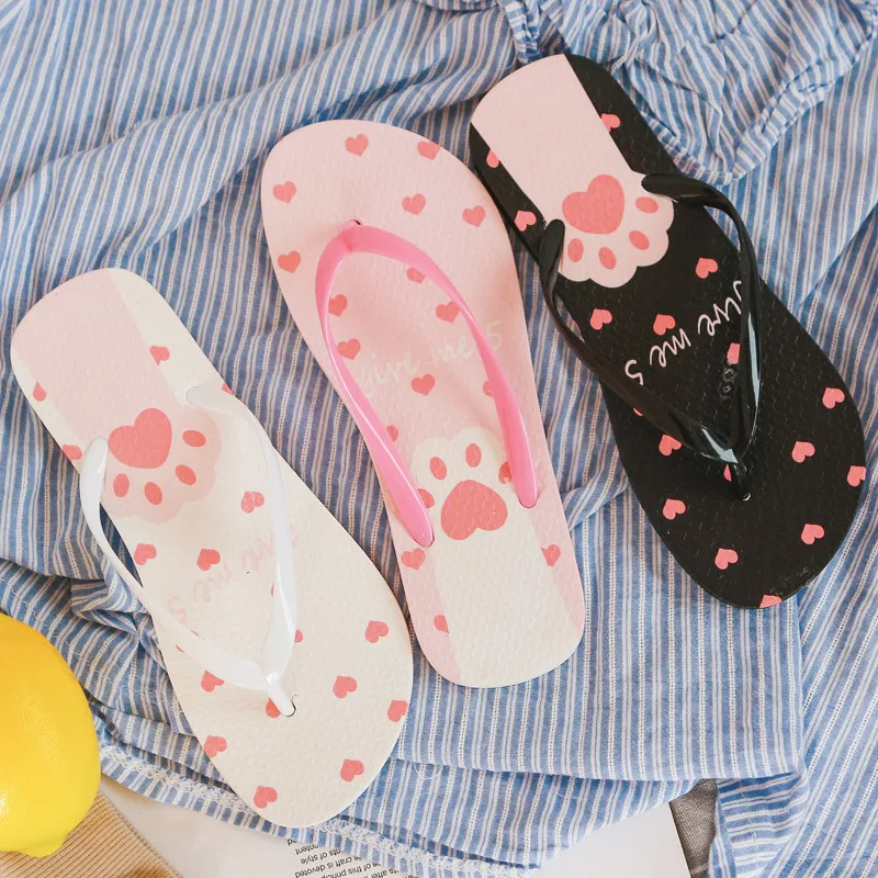 

Dropshipping Fashion 2019 Women Slippers Summer Cartoon Cute Cat Foot Print for Girl Flip Flops Beach Casual Sandals