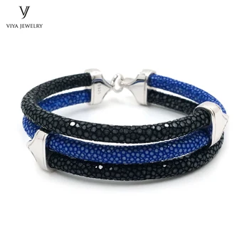 

Stylish Men Bracelet Blue Black 2 Mix Colors Stingray Leather Bracelet 925 Silver Bracelet For Watch Christmas Gift With Box