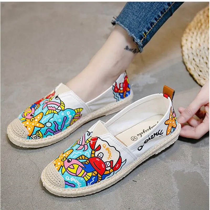 

Harajuku Printing Cartoon Canvas Shoes Women Summer Autumn Flats Casual Loafers Slip-on Weave Round Toe Footwear Sneakers 2019