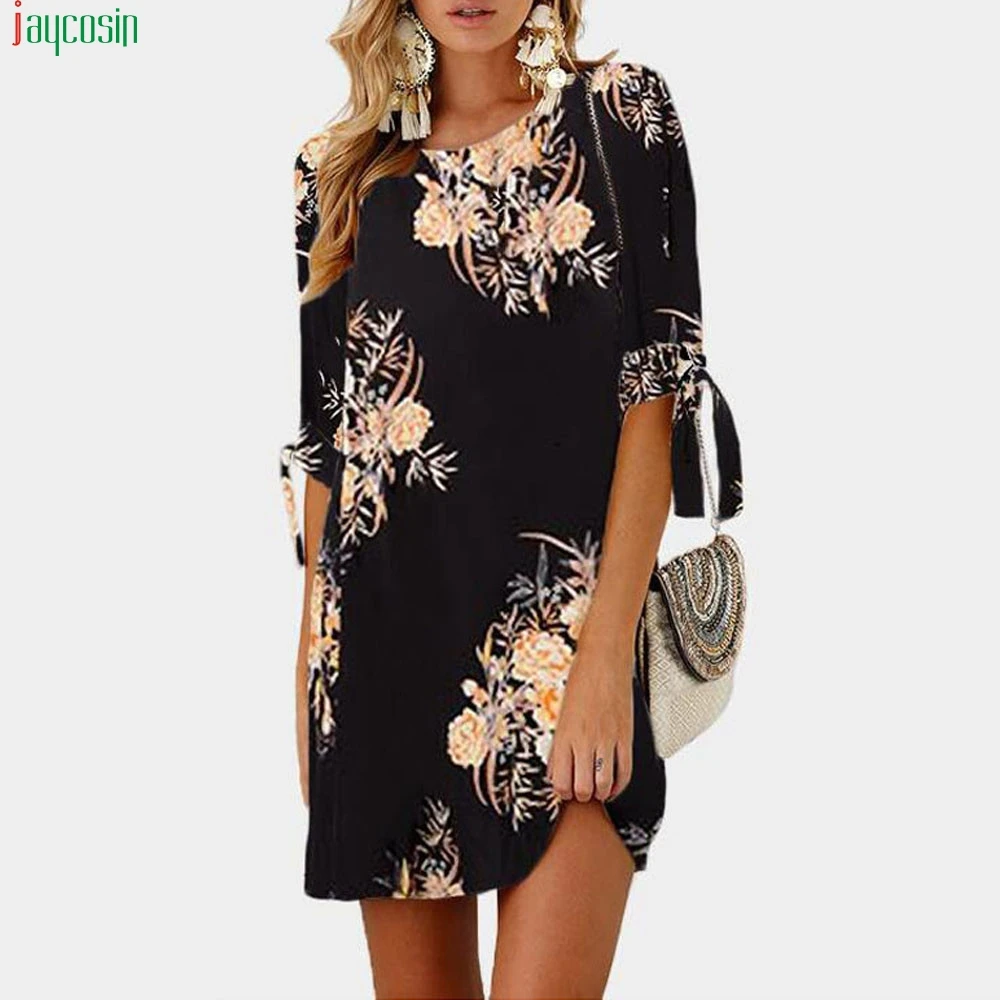 

JAYCOSIN Large Size 2019 New Arrival Spring Summer Dress Women Plus Size Casual O Neck Loose Vintage Print Dresses Office Dress