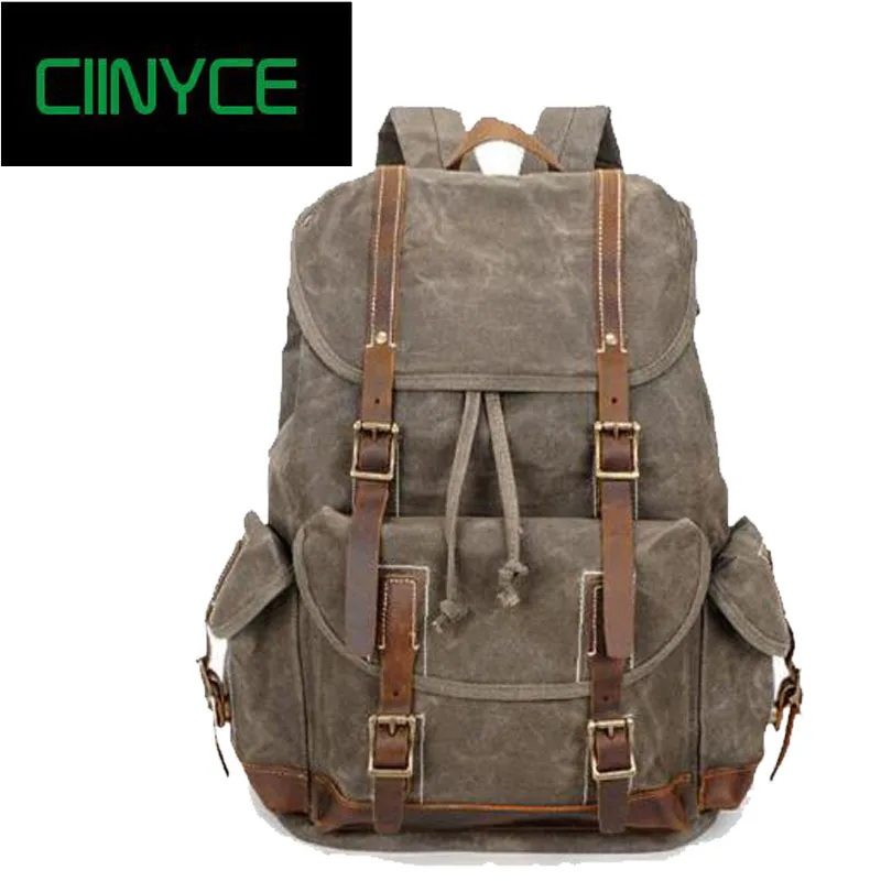 

Retro Solid color Wax Waterproof Canvas Back pack Man With CRAZY HORSEHIDE Computer Laptop large Capacity School Backpacks
