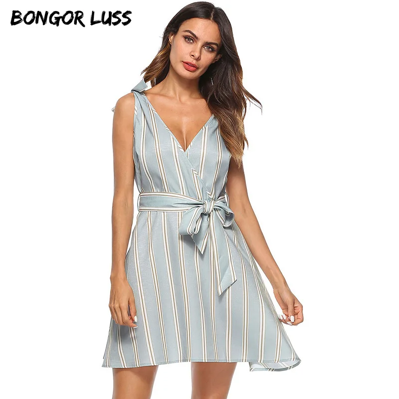 BONGOR LUSS Bow Tie Tank Sleeveless Striped Summer Dress Bohemian V