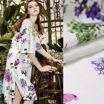 

145CM Wide 360G/M Pink and Purple Floral Print White Linen Fabric for Spring and Autumn Dress Clothes Blouse DE451