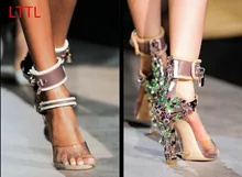 New Crystal covered metal high heels Rihanna wearing shoes Rhinestone Sandals Padlock Ankle warp sandals PVC women party shoes