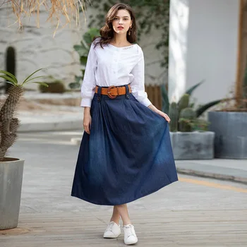 

Women's summer cotton thin section high waist denim skirt Street hipsters stitching, tie dyeing long pleated skirt fat MM large