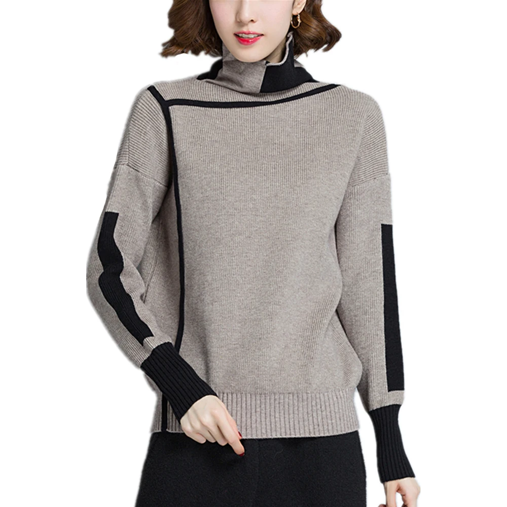 Women Sweater Loose Turtleneck Splicing Personality