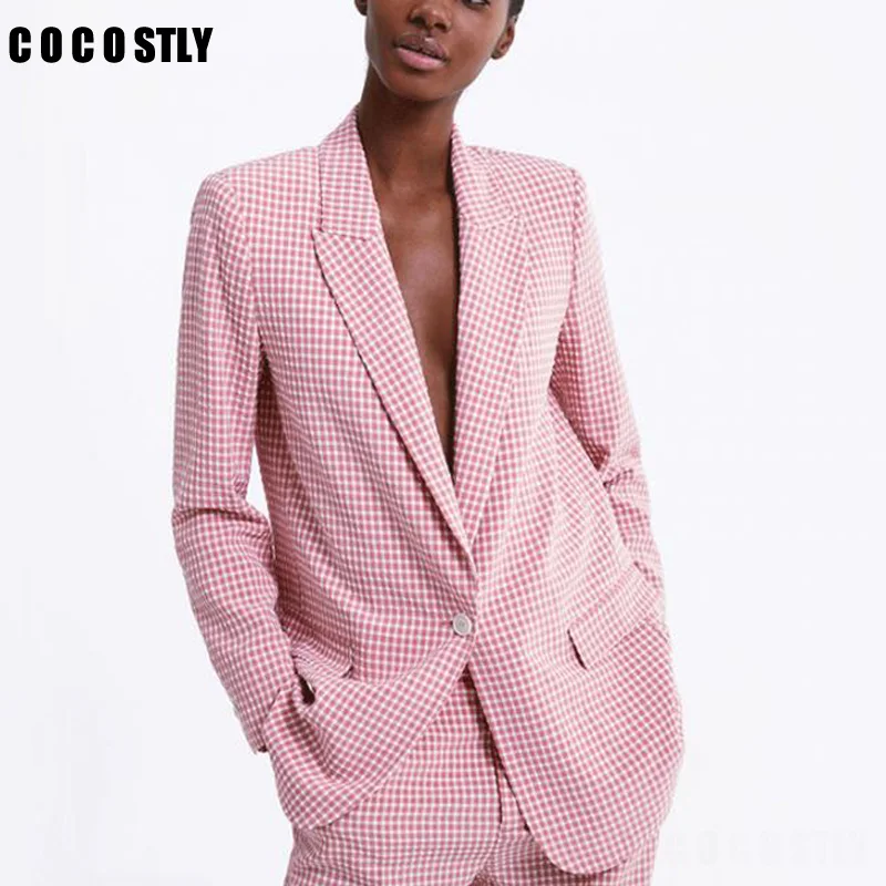 

women chic pink plaid blazer pockets buttons office lady blazer long sleeve coat female outerwear women blazers and jackets