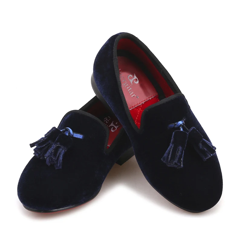 Piergitar/Коллекция года; детская бархатная обувь темно-синего цвета ручной работы; вечерние и праздничные Детские лоферы с кисточками; дизайнерская обувь для родителей и детей