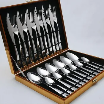 

24pcs/Set Stainless Steel Set High Quality Mirror Polish Dinnerware Sets Knife Fork Gift Box Tableware Set Party Gift ZA3804