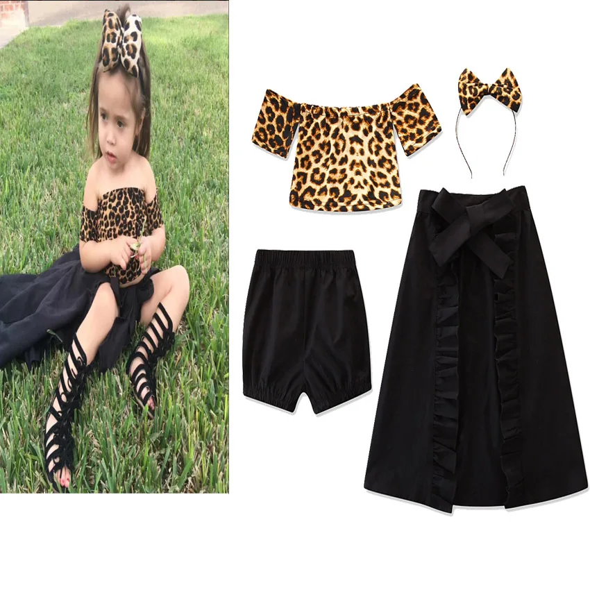

2019 Summer girls one-shoulder leopard top + black culottes + bow headdress suit fashion kids t shirts skirts 3pcs set 18N1126