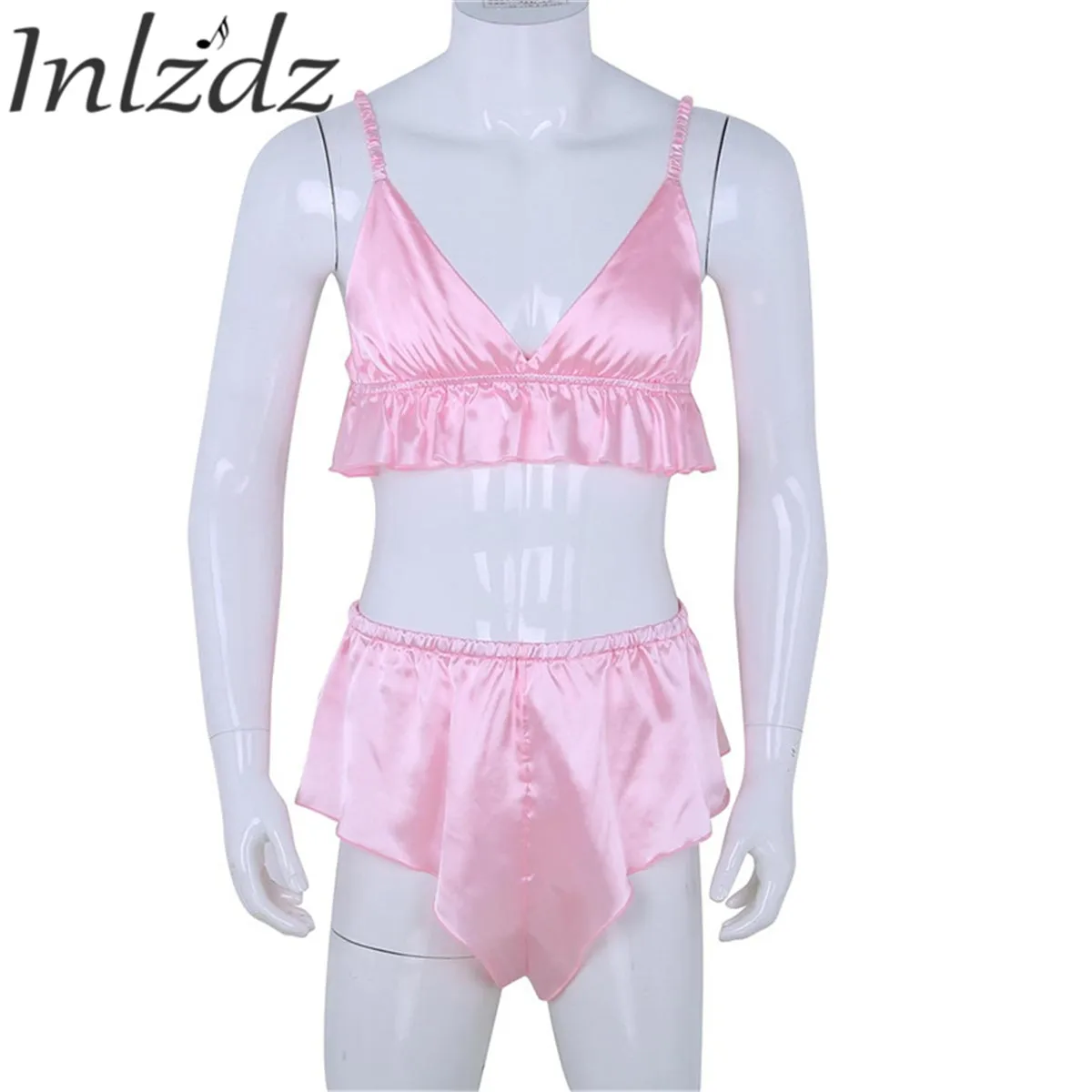 

Inlzdz 2pcs Men Pink Bikini Lingerie Set Sleeveless Sissy Bra Tops with Skirted G-string Thong Briefs Underwear Gay Sexy Panties