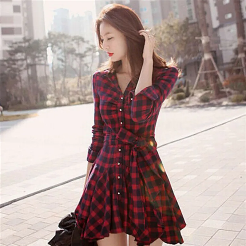 

2019 New Fashion Women Long Sleeve Casual Plaid V Neck Mini Dress Party Jumper Cotton Slim Dress For Lady Long Sleeve