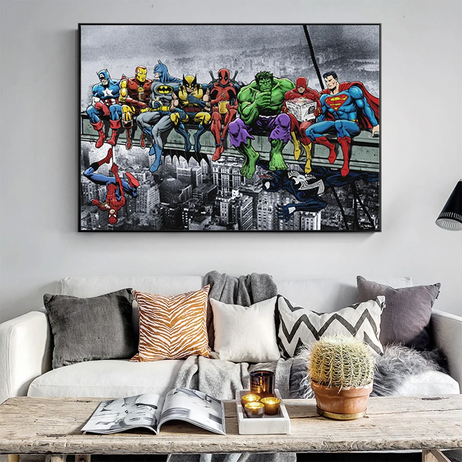 

Home Decor Wall Art Cartoon Canvas Painting Wall Pictures Lunch Atop a Skyscraper Superheroes Prints on Canvas for Living Room