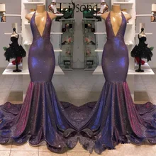 Блестящие Светоотражающие фиолетовые платья для выпускного вечера с блестками реальное изображение глубокий v-образный вырез платье годе с лямкой на шее длинные дешевые вечерние платья Vestidos